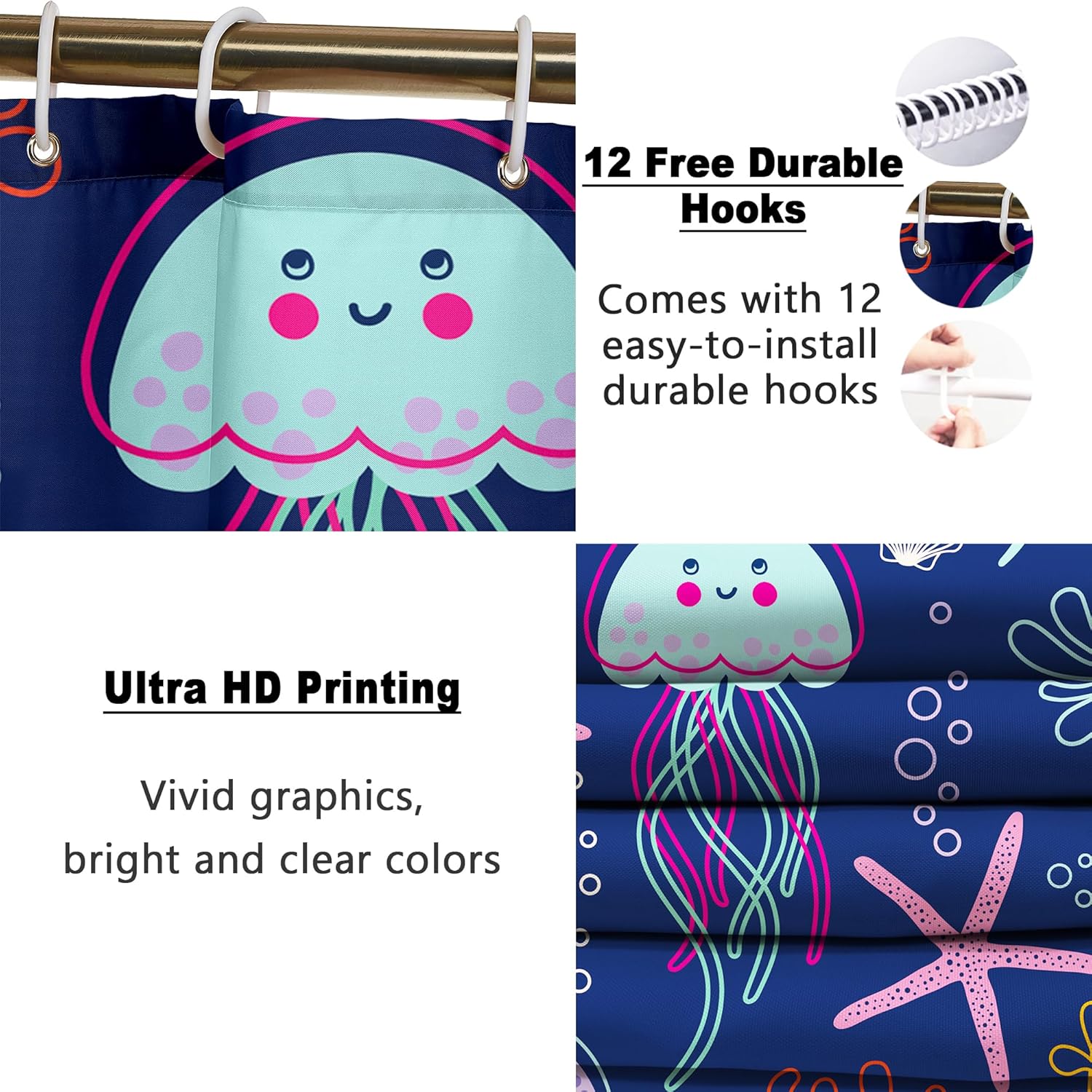 4 Pcs Bathroom Shower Curtain Set,Kid's Bathroom Set,Baby Octopus Shower Curtain Sets with Rugs(Bath Mat,U Shape and Toilet Lid Cover Mat) and 12 Hooks