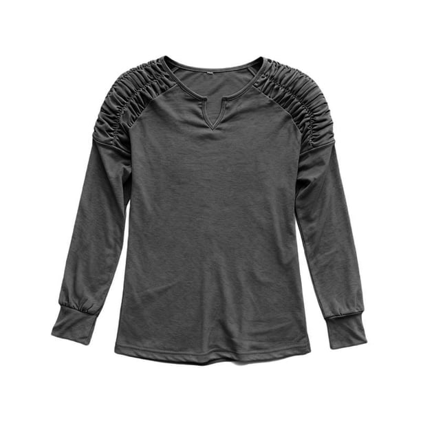 Blusa Con Cuello En V, Top Casual Elegante De Manga Larga De Color Liso Para Citas Para Mujeres