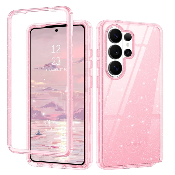 DUEDUE Sparkly Glitter Case for Samsung Galaxy S26 Ultra, Slim Shockproof Protective Cover, Anti-Yellowing Clear Pink TPU & Silver Glitter PC Back