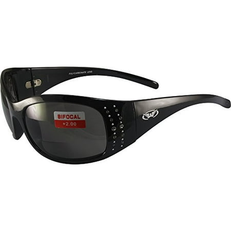 Global Vision Marilyn 2 Bifocal Sunglasses Rhinestone Decorated Gloss Black Frames 2.0x Magnification Smoke Lenses