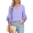 thumbnail image 4 of HOMBOM Womens Cotton Linen Shirts Henley Spring Blouse Purple Basic Solid 3/4 Sleeve Tops for Young Woman V Neck, 4 of 7
