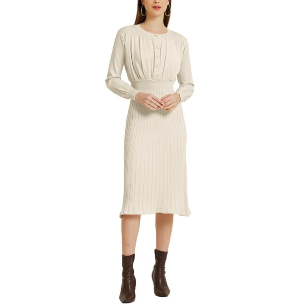 Vestido midi de punto acanalado para mujer Inspire Chic, con cuello redondo, mangas de linterna plisadas, corte A, color beige