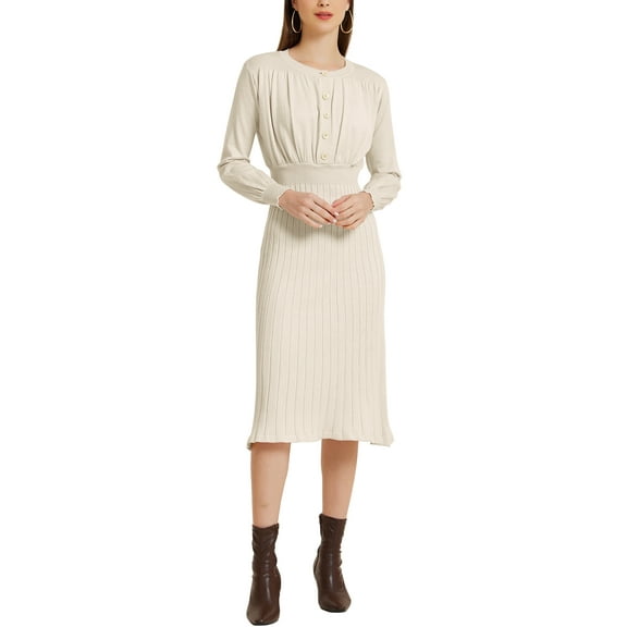 INSPIRE CHIC Women's Ribbed Knit Dress Crew Neck Pleated Lantern Sleeve Midi A-line Dresses
