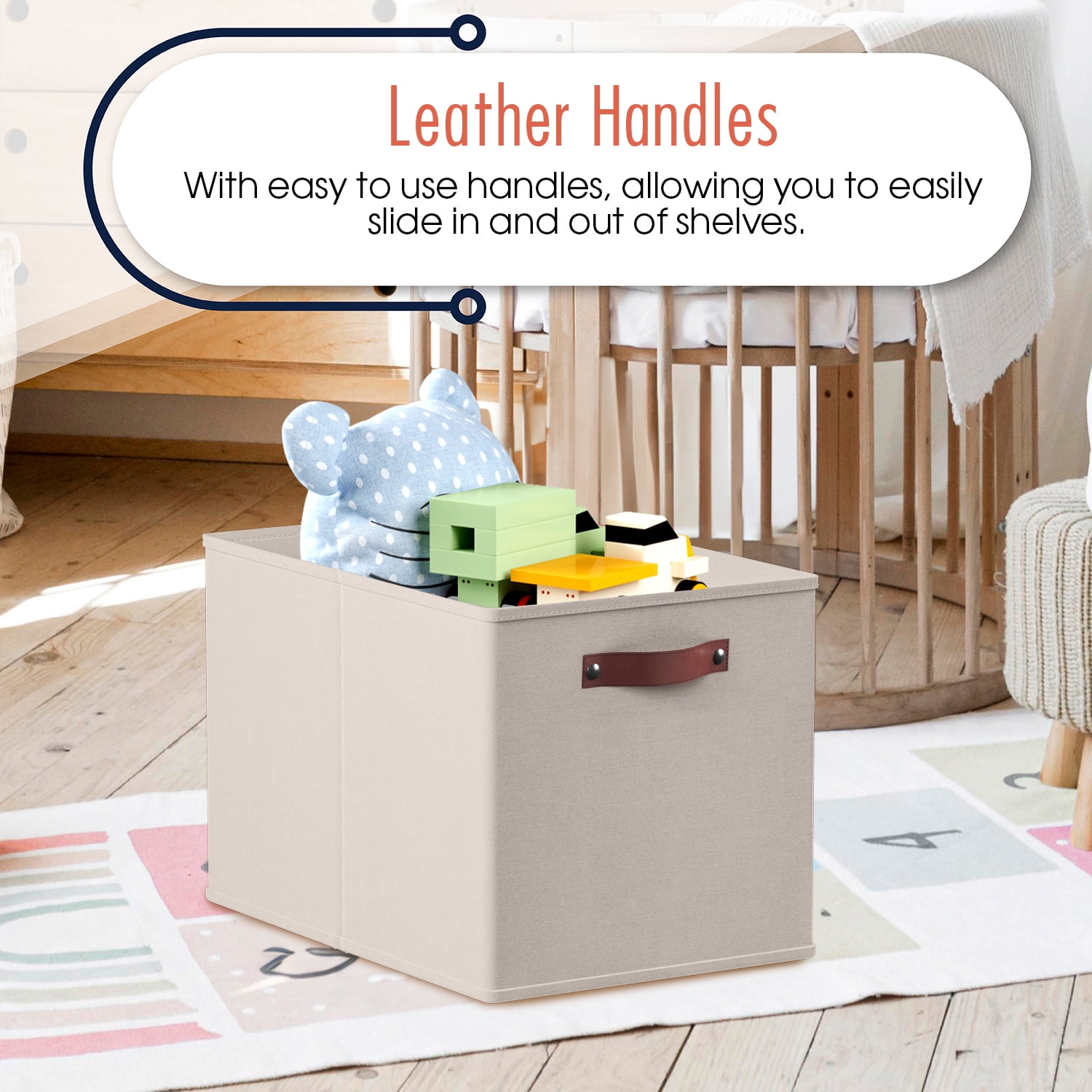 Ornavo Home Foldable Collapsible Storage Box Bins Linen Fabric Shelf Basket Cube Organizer with Leather Handles - Set of 6 - 13 x 15 x 13 - Beige