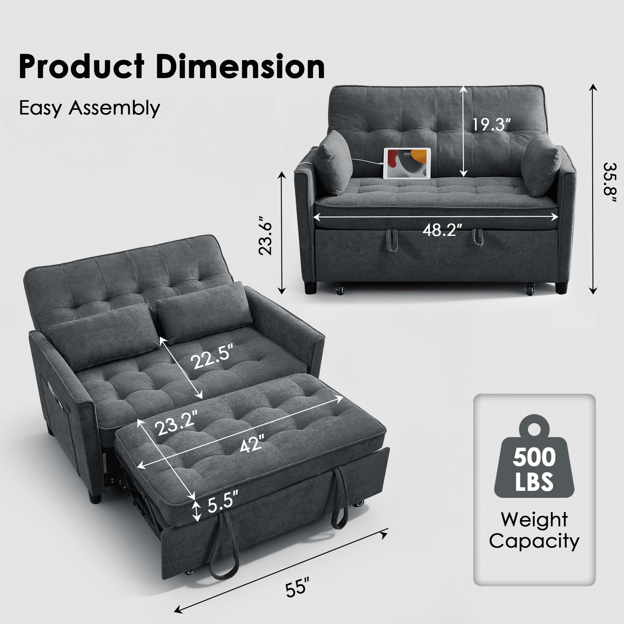 Convertible Sofa Bed,55" 3-in-1 Sleeper Sofa with Pull Out Bed,Sleeper Couch Loveseat with Adjustable Backrest,USB Charging Ports & Side Pockets for Living Room,Apartment,RV,Easy Assembly,Dark Grey
