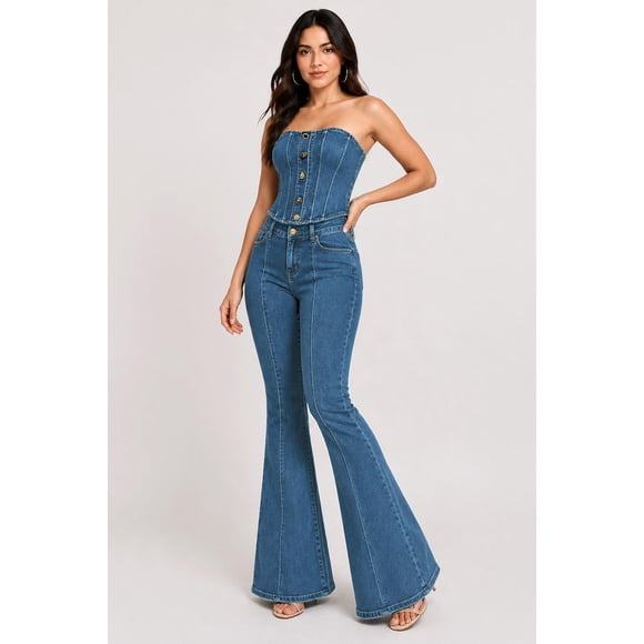 Set Corset y Jeans acampanado Roman Fashion /Juvenil, 21624 (Azul oscuro) azul oscuro M