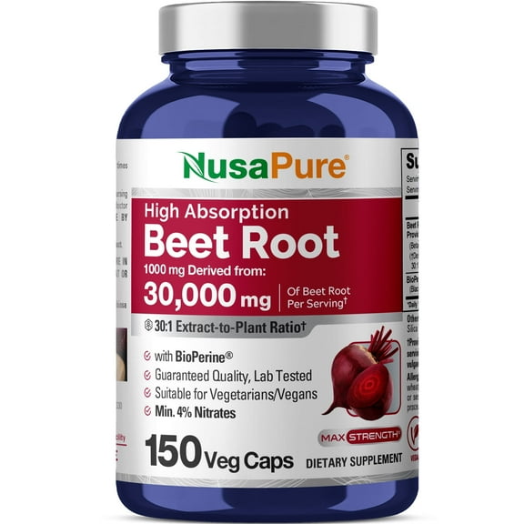 NusaPure Beet Root 30:1 Extract, 1000 mg Equivalent to 30,000 mg 150 Veg Caps Suitable for Vegetarians and Vegans, Non-GMO
