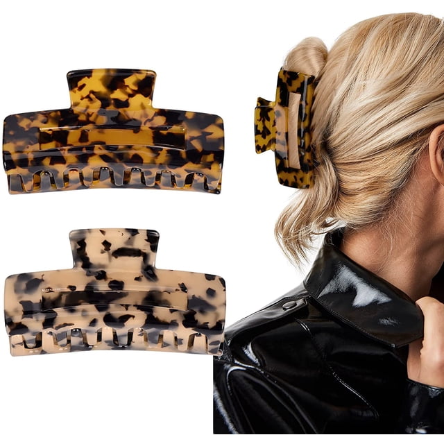 Pinzas para el pelo, pasadores de plátano grandes de 4 pulgadas para el pelo de tortuga, pinzas de mandíbula francesas acrílicas para mujeres y niñas, accesorios para el cabello con estampado de leopardo para cabello grueso, 2 colores disponibles (2 paquetes) Vhermosa CZJP-HY64