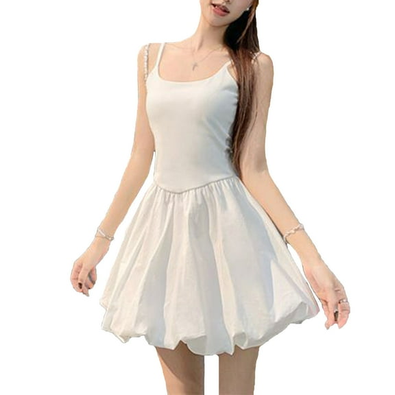 LNWUY Women's Ruched Corset Dress Spaghetti Strap Temperament Waist Halter Dress Flare Flowy Skater Mini Cami Dress White M