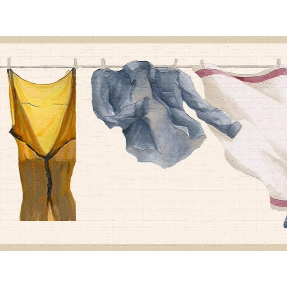 Dundee Deco's Peel and Stick Wallpaper Border - Abstract Blue White Yellow Washing line Wall Border Retro Design, 15 ft x 7 in, Self Adhesive