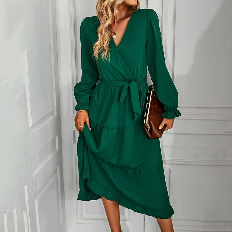 Efsteb Womens Fall Dresses Formal Fashion Loose Long Sleeve Dress V-Neck  Bandage Elegant Dress Casual Solid Color Dresses Green L 