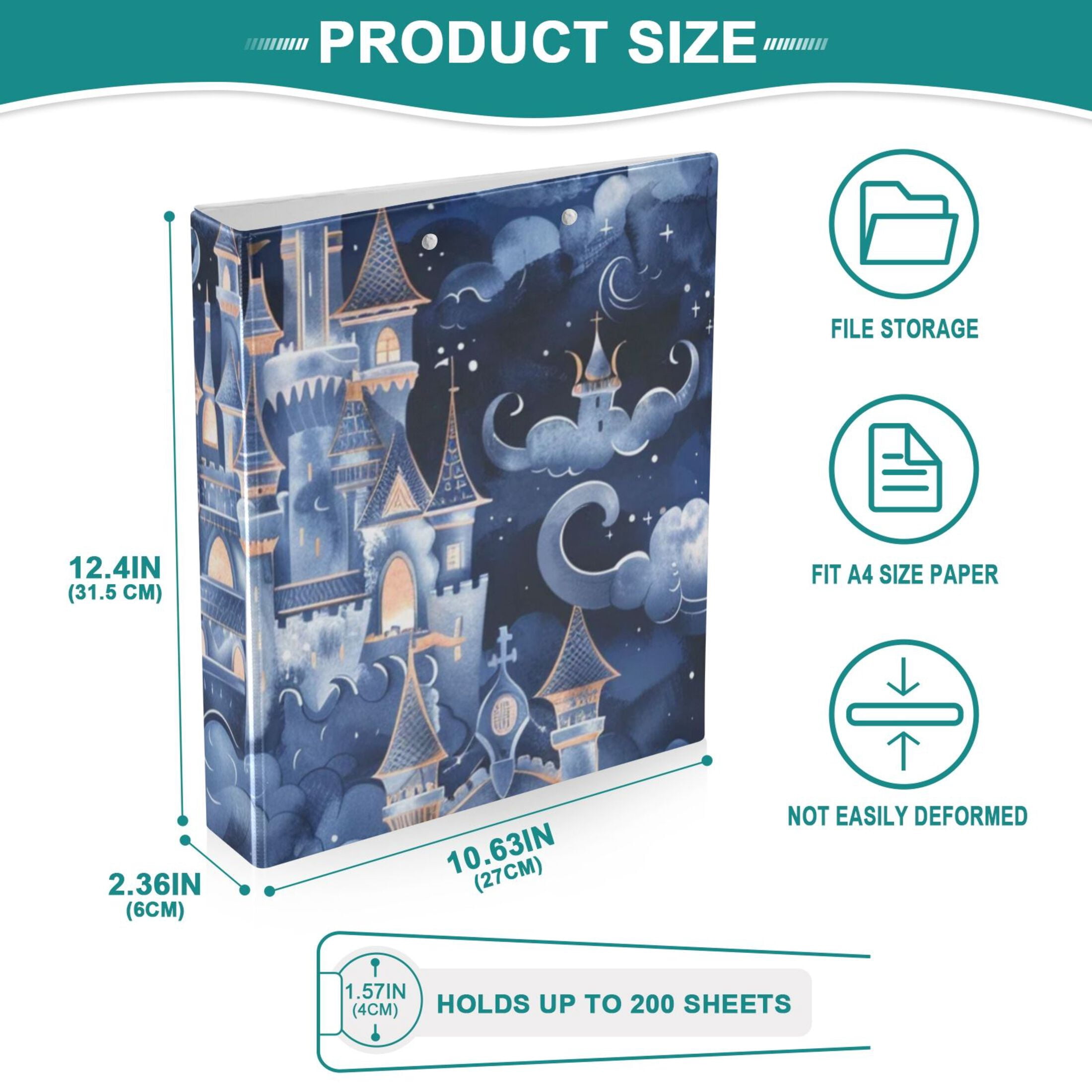 Fairy Castle 3 Ring Binders 1.5 inch Hardcover File Folders with Interior Pockets A4 Size Organizer for School Office Hospital
