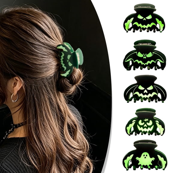SmartBy Halloween Hair Claw Clips, Luminous Ghost Pumpkin Pattern Acrylic Hair Clips, Anti-slip Glow in The Dark Hair Grippers for Women Girls Daily Party Accessories