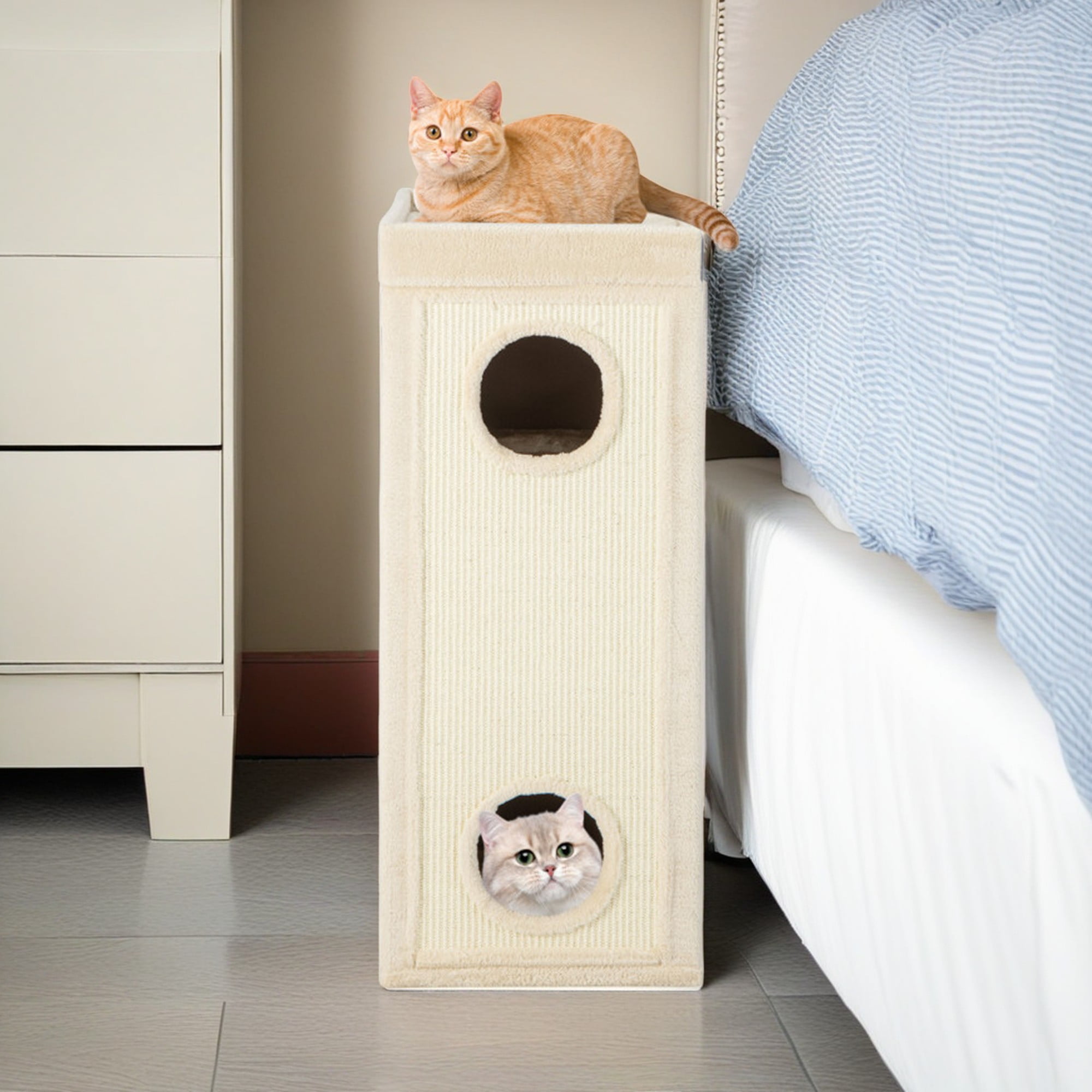 Kadyn 39" Indoor Cat Cave Bed, Cat House Scratcher Furniture, Cat Condo with Scratching Posts, 3 Hideaways, 4 Soft Plush Cushions, Beige