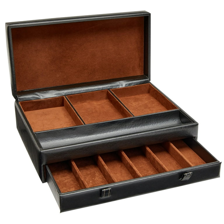 Faux Leather Mens Jewelry Box Organizer, Valet Tray for Watches (Black,  12.6 x 9 x 4 In)