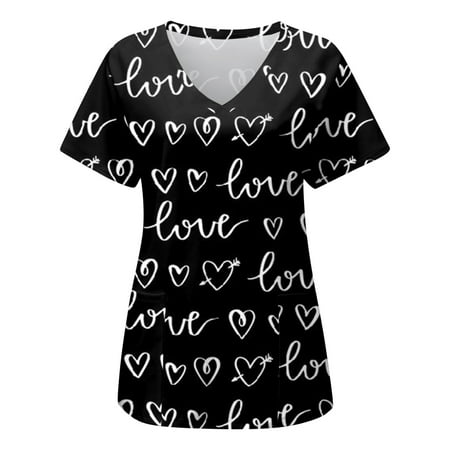 

Women Scrubs Top Love Heart Printed Working Uniform Nurses Clothing Workwear Casual Short Sleeve Pocket Clothes T-Shirt Top Daily Tshirt