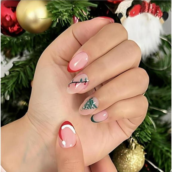 YTTAL Impress Press On Nails Short Christmas Press On Nails Short Almond Green Fake Nails - False Nails with Designs White Snowflake Full Cover Matte Glue On Acrylic Nails for Women 24 Pcs