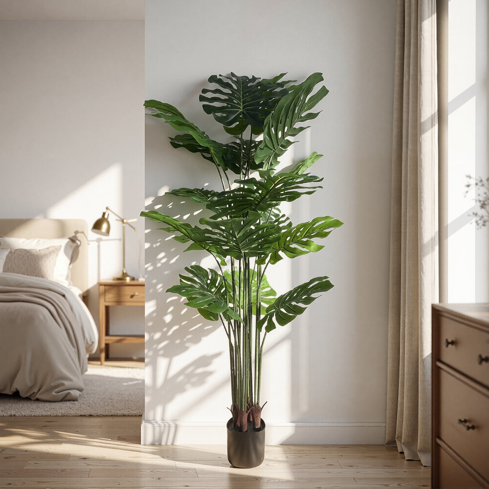 BEAUTYPEAK 5.3FT Artificial Plant Fake Indoor Monstera Plant Decorative Outdoor Greenery in Black Pot