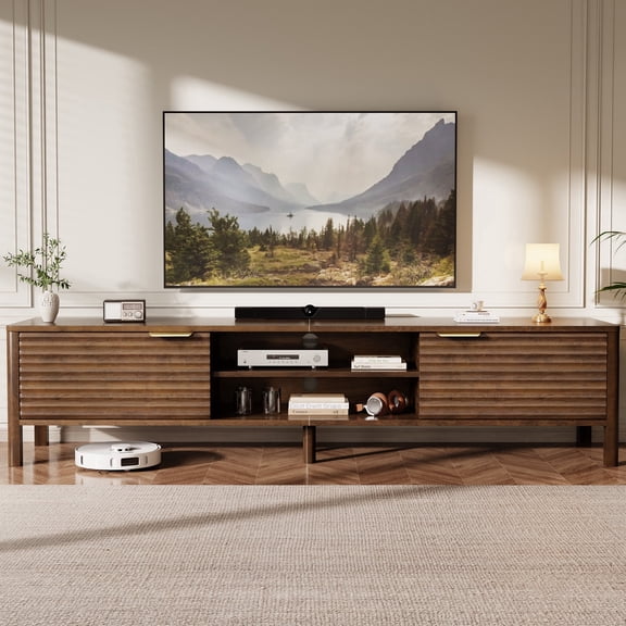 Domusio Fluted TV Stand for TVs up to 75" Mid-Century Media Console with Open Storage Entertainment Center for Living Room, Walnut