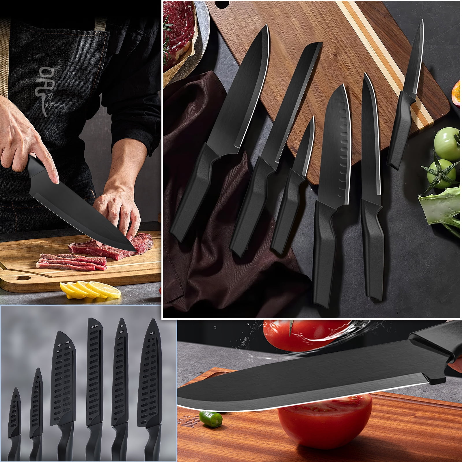 13 Pcs Kitchen Knife Set, Stainless Steel Chef Knives with Sharpener & Blade Guards, Non-Stick Coating, Dishwasher Safe, Black