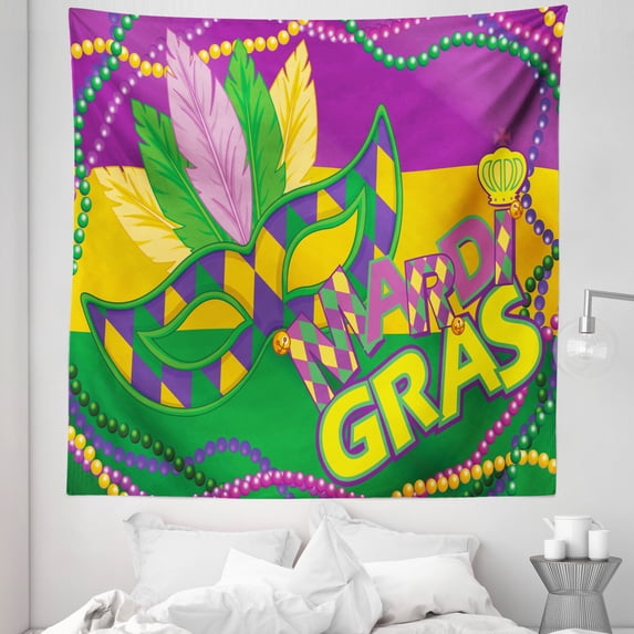 Mardi Gras Tapestry, Colorful Bands Vivid Beads Feathers and Crown, Fabric Wall Hanging Decor for Bedroom Living Room Dorm, 5 Sizes, Lime Green Magenta, by Ambesonne