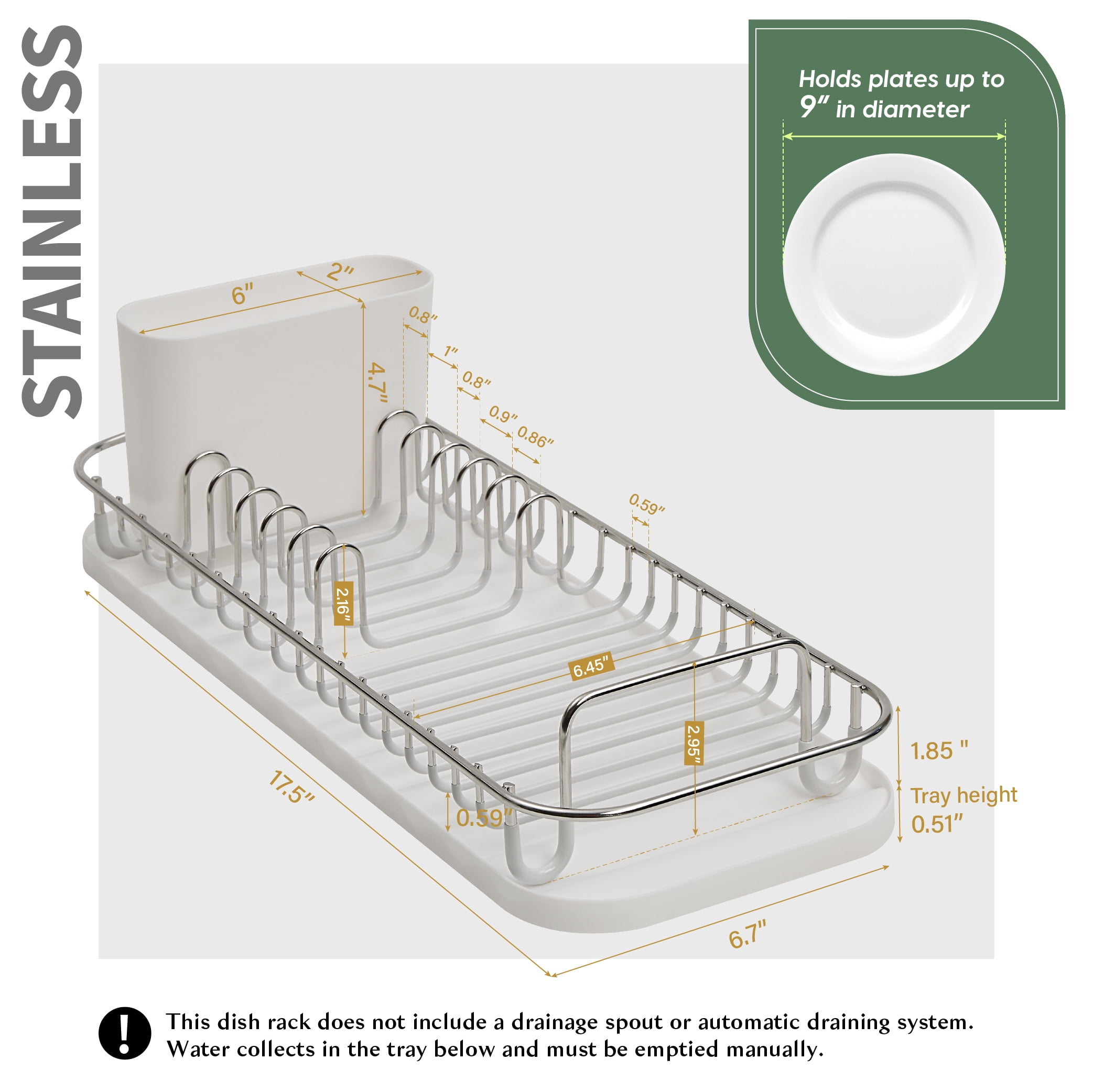 SunnyPoint 304 Stainless Steel Dish Drying Rack with Utensil Holder, Compact Countertop Dish Rack with Removable Drain Tray – White/Silver
