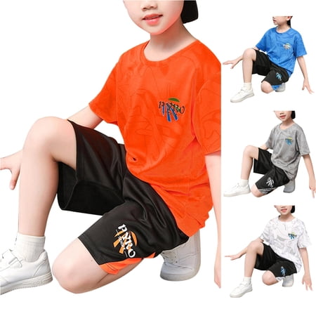 CUZIBR Boys Outfits Cartoon Print Crewneck Summer Quick Drying Sports Set Short Sleeved Tshirts Shorts Two Piece Basketball Suit With Pocket Clothes Sets Orange 4-5 Years
