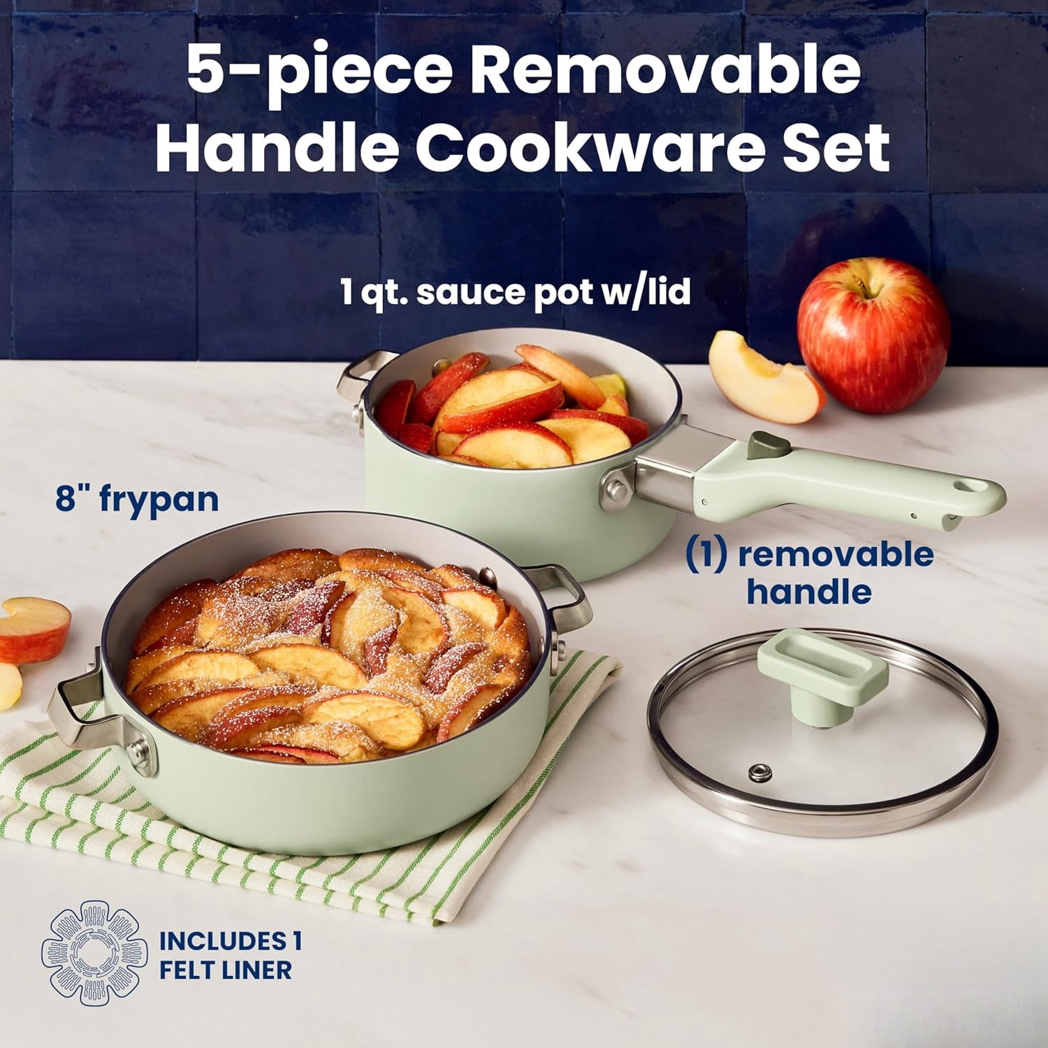 Ceramic Cookware Set 5-Piece with Removable Handle, Induction Compatible, Nonstick and Oven Safe with 8-Inch Frypan, Sage Green
