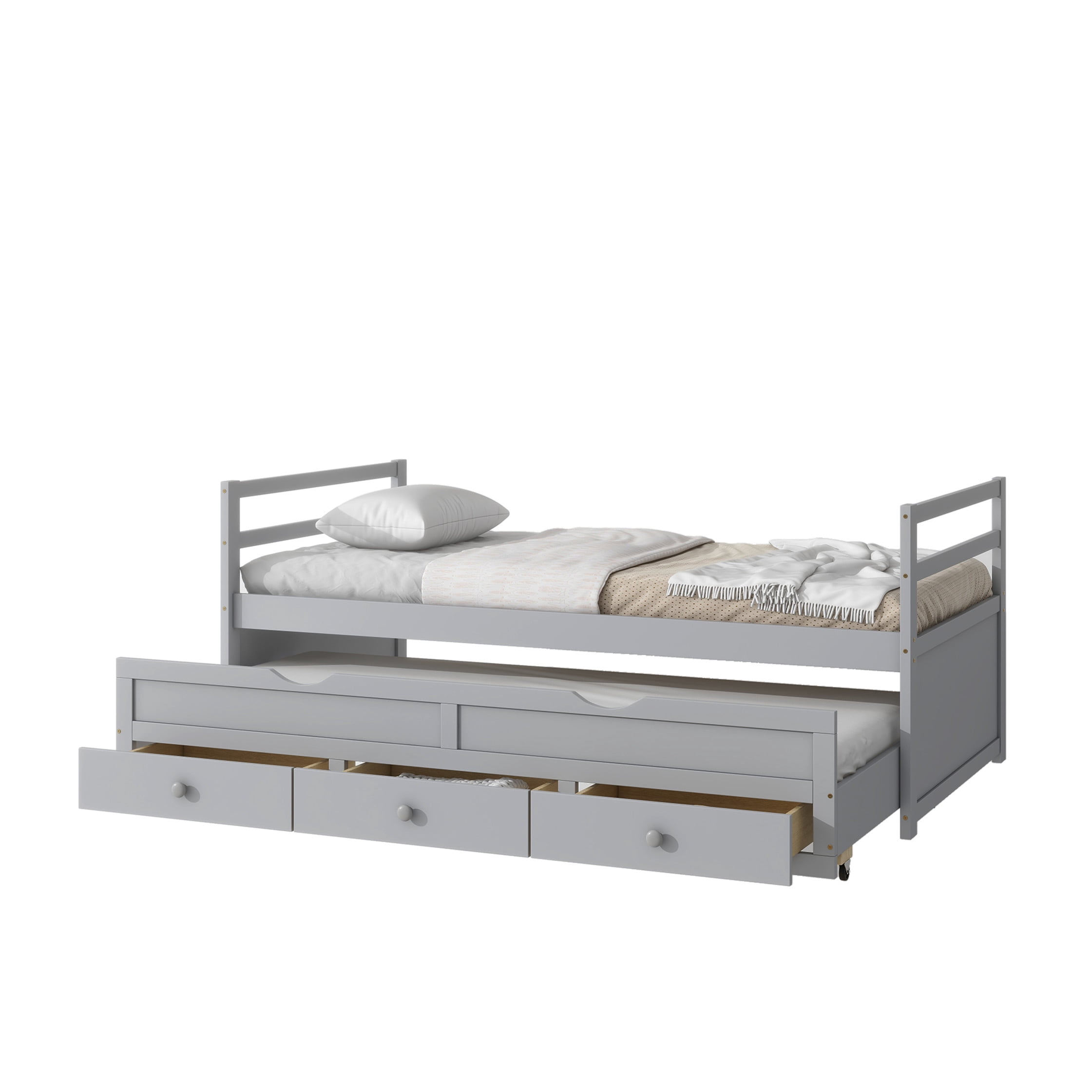 Noble House Nestin Twin Bed Frame with Trundle and Three Storage Drawers, Solid Pine Wood Frame, Gray