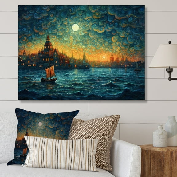 DESIGN ART Designart "Blue And Green Electrifying Skylines" City Art Deco Wall Art Prints 44 in. wide x 34 in. high