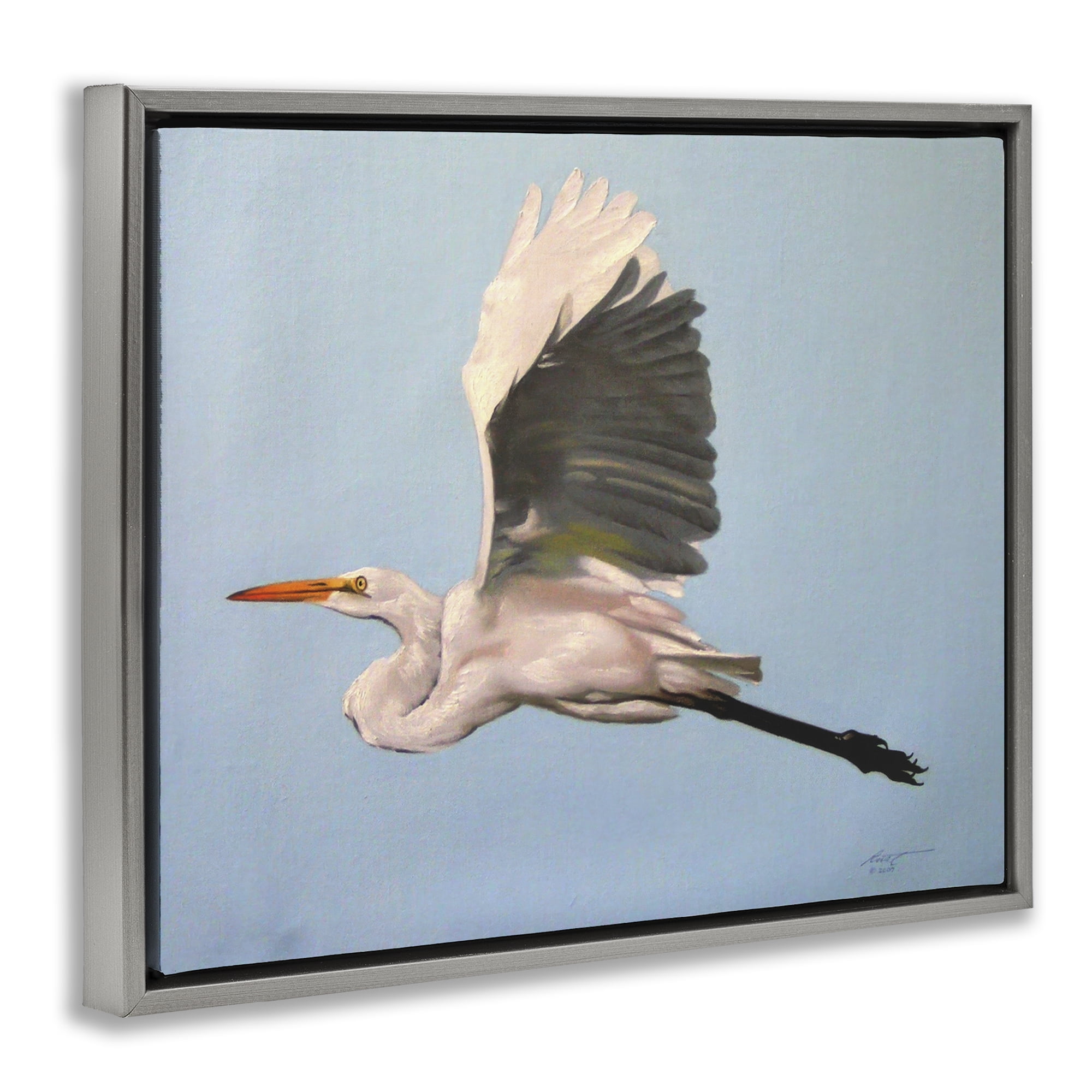 Stupell Industries Graceful Egret Flying Animals & Insects Painting Gray Floater Framed Canvas Art Print Wall Art, 21 x 17