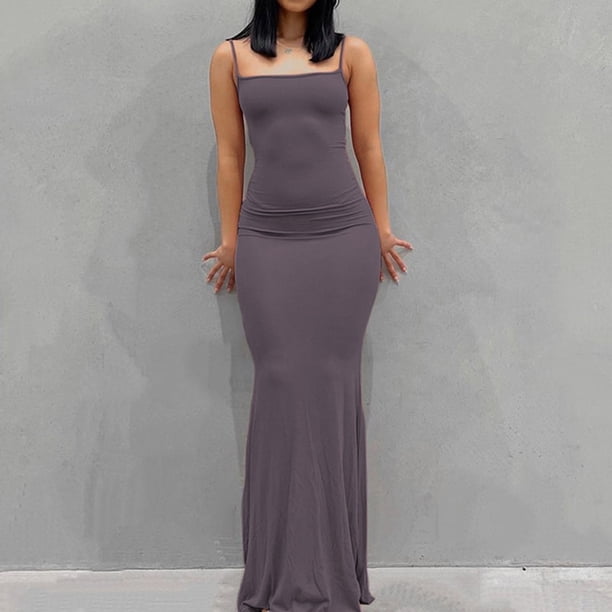 New Fashion Women Sexy Dresses Sleeveless Bodycon Backless Long Maxi Pure Slim Down Honey Peach Hip Suspender Party DressXL Gao Jinjia LED