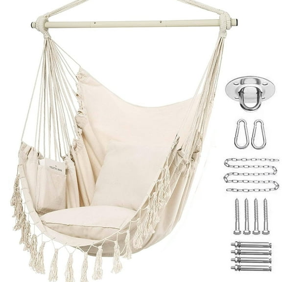 Hammock Chair Camping Hammock Portable Hammock Hanging Rope Swing, Max 500 lbs Hammock Swing, 2 Cushions Included, Warm and Soft as Mother's Embrace, Cloud White