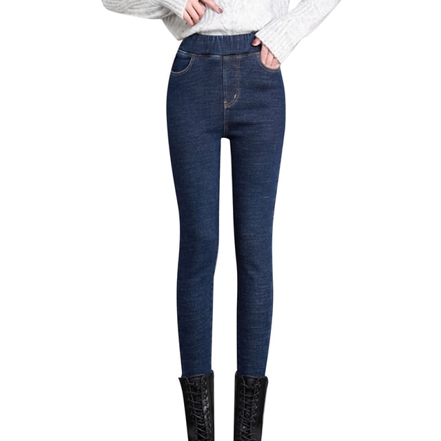Gibobby Pantalones de invierno mujer Pantalones de mezclilla de felpa para mujer Otoño Invierno nueva ropa pantalones de mujer(Azul XL)