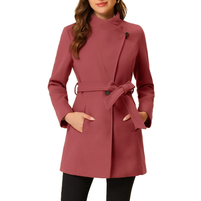 INSPIRE CHIC Manteau Long Classique pour Femme à Col Montant, Manches Longues, d'Hiver, Ceinturé, L Rouge Melon D\'eau