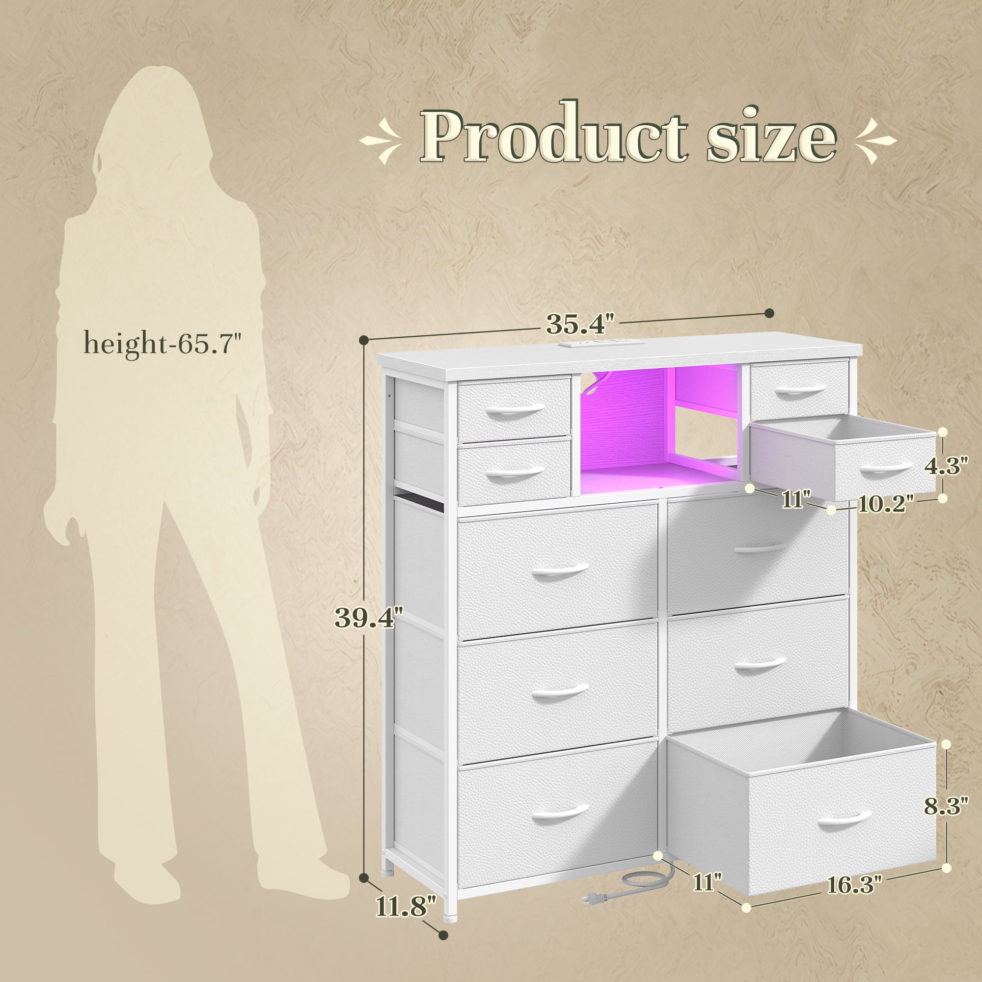 Enhomee White Dresser for Bedroom with LED Lights & Charging Station Tall Chest of 10 Fabric Drawers with Storage Shelves