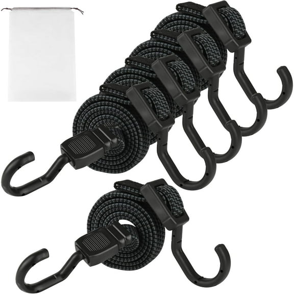 5 Pack 100 cm Adjustable UV-Resistant Flat Bungee Cords with Hooks, Black, Heavy Duty, for Cargo, Bike, Camping, Outdoor, and Home Use