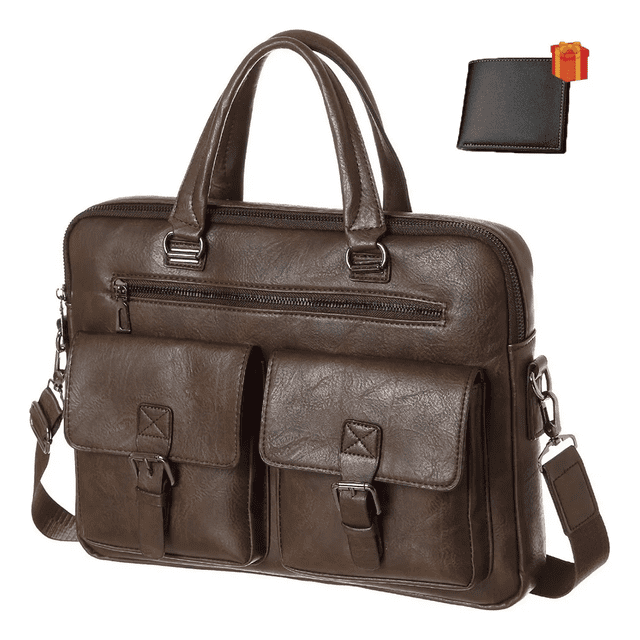 portafolio caballero para bandoleras y maletin de cuero xtellar cafe, maletín café de 15" con asa superior y correa bandolera ajustable; vista frontal que muestra dos bolsillos delanteros con solapas y broches magnéticos, bolsillo horizontal con cremallera superior, bolsillo trasero con cremallera, textura de piel PU con costuras reforzadas y herrajes metálicos plateados, fondo blanco. También suele usarse como bolso de trabajo compacto para llevar documentos y una laptop de hasta 15".