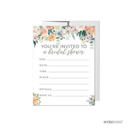 Peach Coral Floral Garden Party, Blank Bridal Shower Invitations with Envelopes,