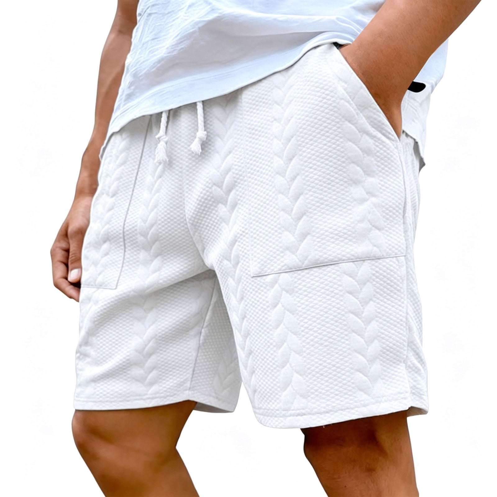 Men's Cable Knit Jacquard Casual Shorts 7-Inch, Elastic Waist Drawstring Textured Shorts with Side Pockets, Soft Breathable Summer Lounge Shorts White