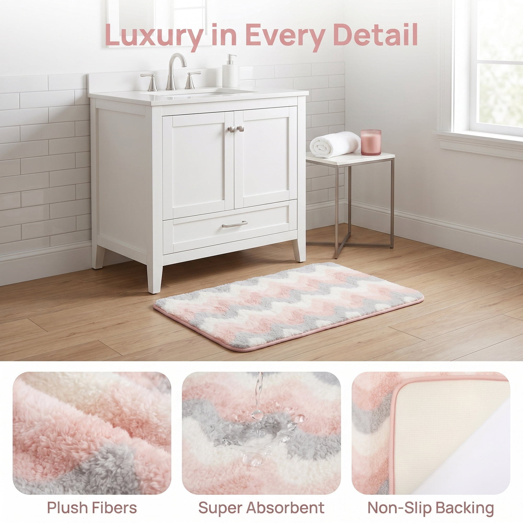 Unique Bargains Absorbent Non-Slip Machine Washable Geometric Bath Mat Pink 32" x 20"