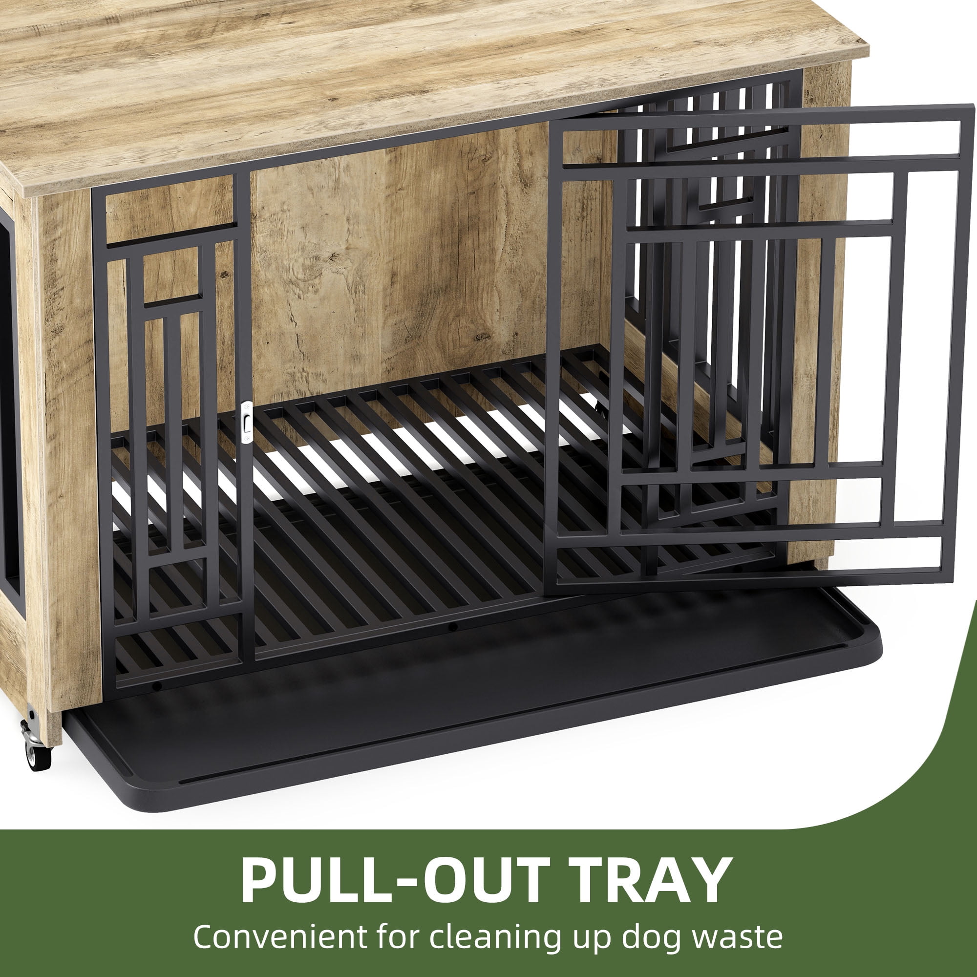 Uforic 38" Dog Crate Furniture with 4 Wheels, Indoor Furniture Style Wooden Large Dog Kennel, Greige