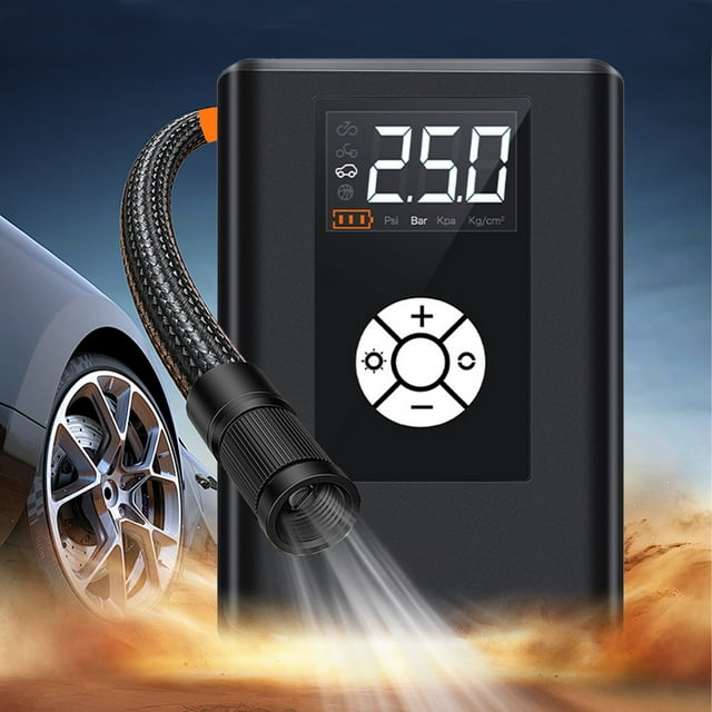 Inflador de neumáticos portátil y bomba de aire digital con luz LED para coche, bicicleta, moto y balones | Inflado rápido de 120 W, 4 modos preestablecidos, apagado automático, luz de emergencia