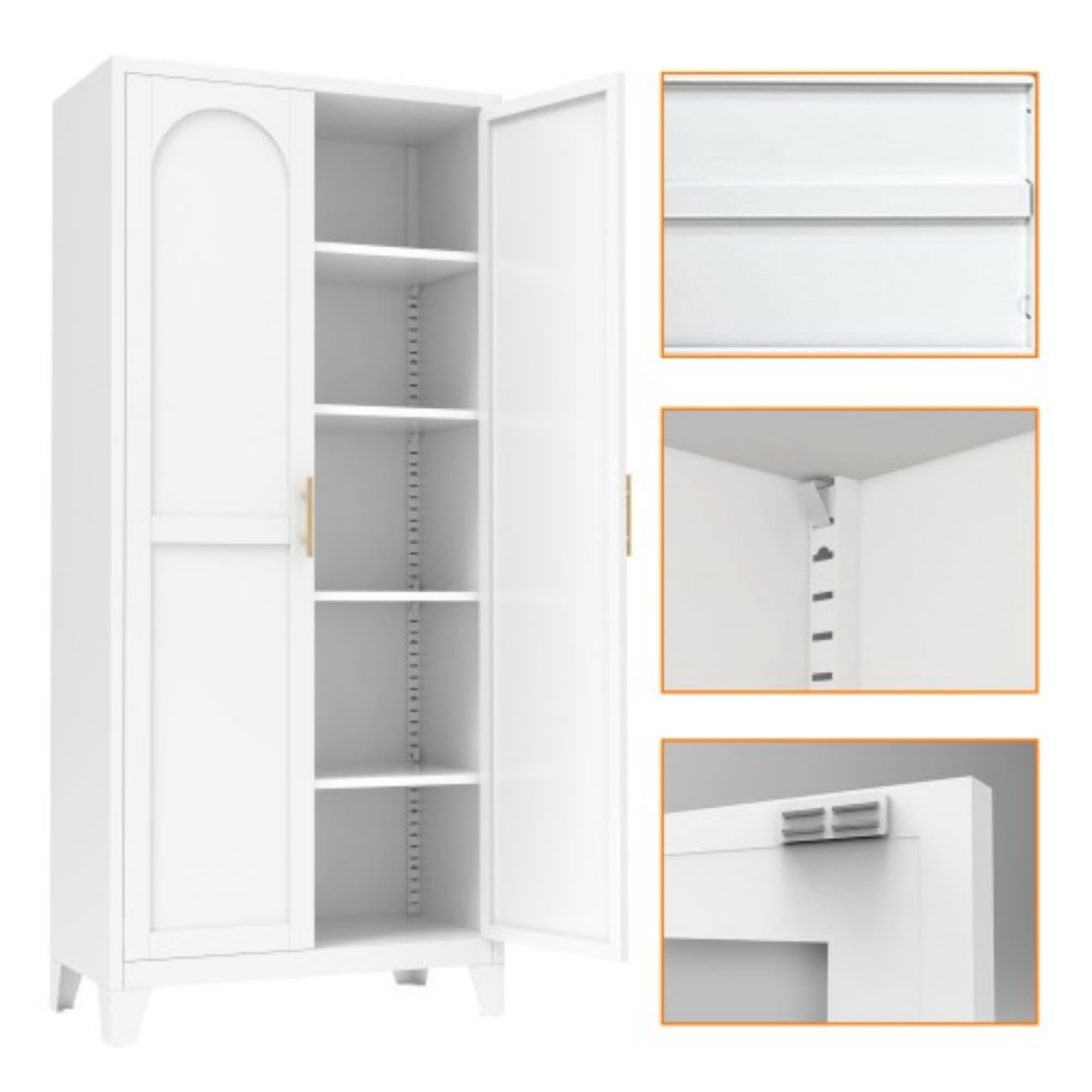 71" Metal Storage Cabinet with Lock, Adjustable Shelves & 2 Doors, Tall Steel Cabinet for Kitchen, Bedroom, Office, White