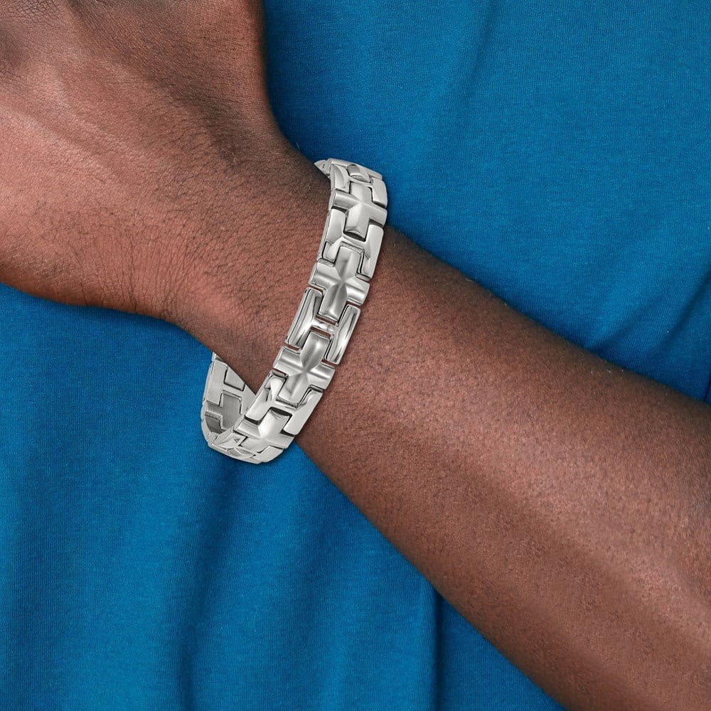 Diamond2Deal Stainless Steel Brushed and Polished Cross Link Bracelet for Men 8.5"