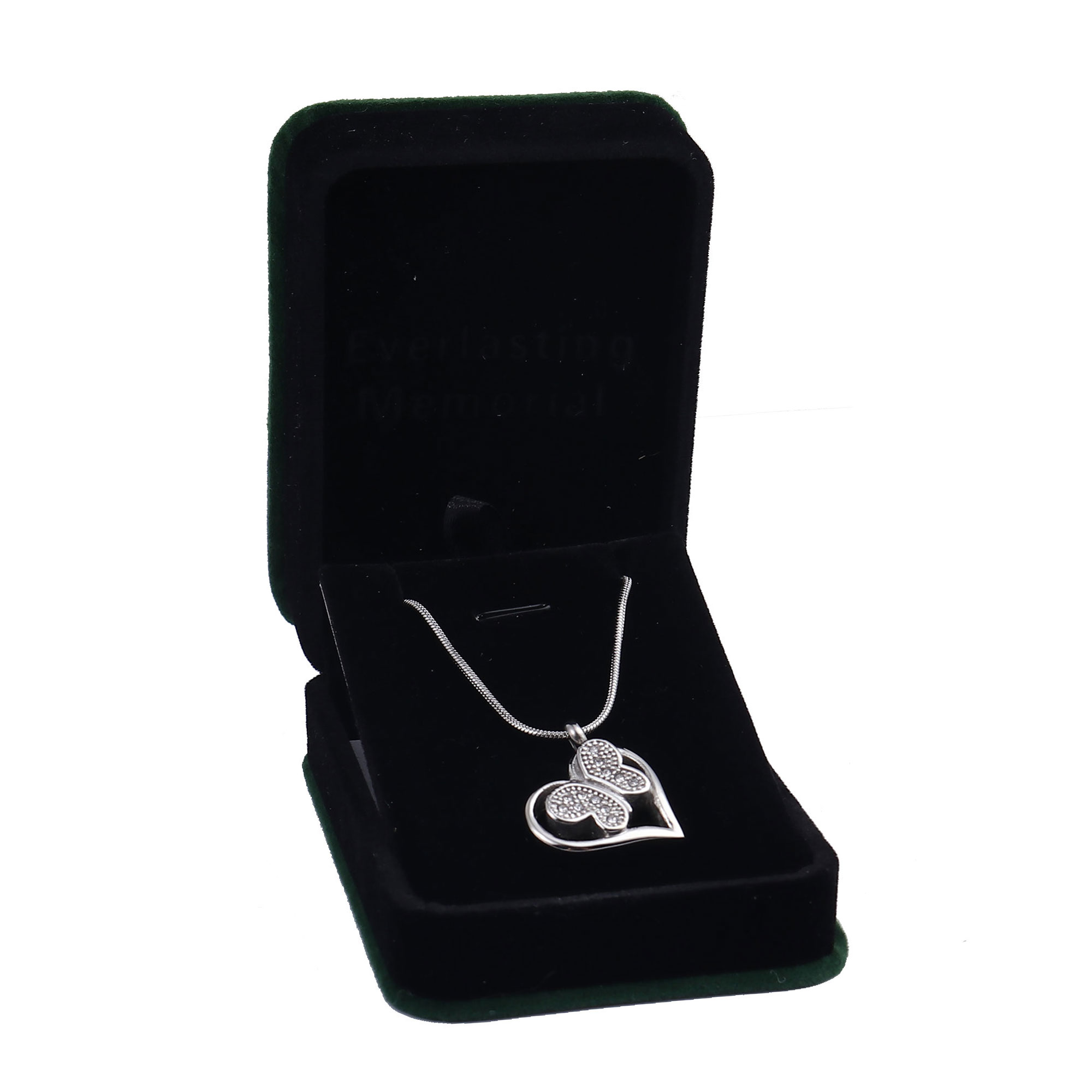 Women's Funeral Stainless Steel Crystal Rhinestone Butterfly Heart Cremation Ashes Holder Keepsake Memorial Pendant Necklace with Funnel Kit and Velvet Jewelry Kit