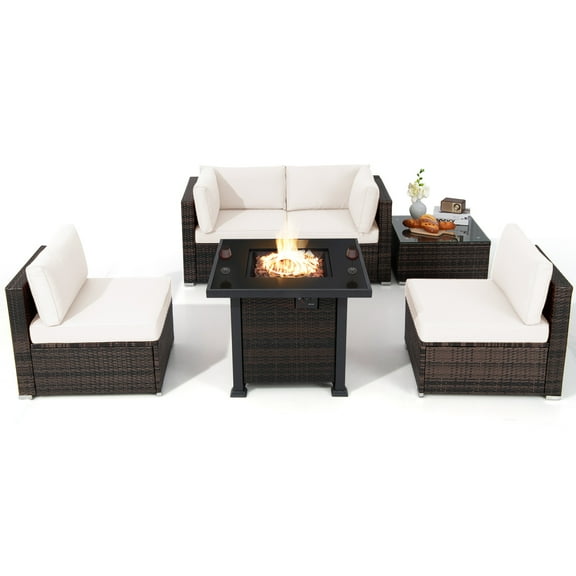 Topbuy 6 Piece Patio Wicker Conversation Set,Outdoor Rattan Sofa Set w/32" Propane Fire Pit Table,50,000 BTU Heat,Tempered Glass Tabletop Off White