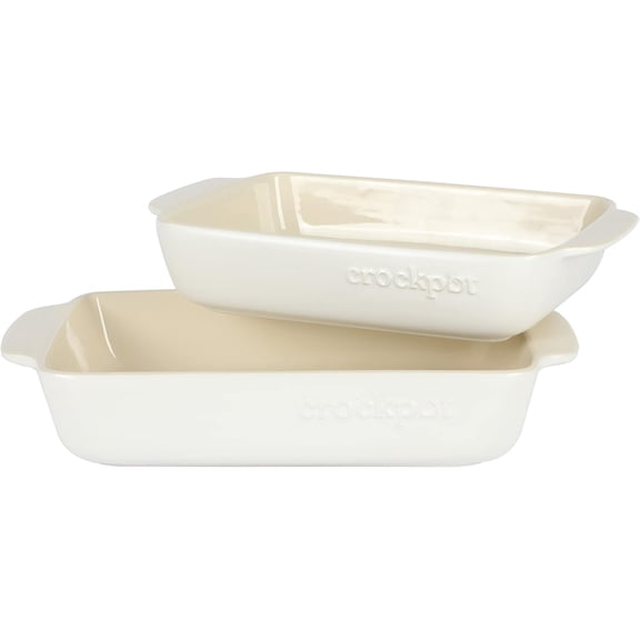 Crockpot Artisan 2.5 Quart and 3.5 Quart Rectangular Stoneware Bake Pan Set in Cream – Durable, Microwave & Dishwasher Safe Bakeware