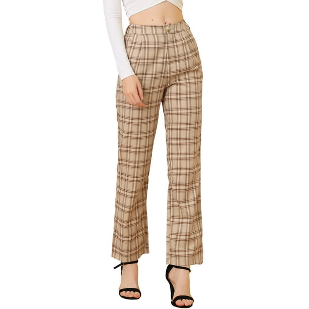 Pantalones a cuadros casuales Allegra K para mujer con bolsillos pierna recta color Marrón caqui claro XL