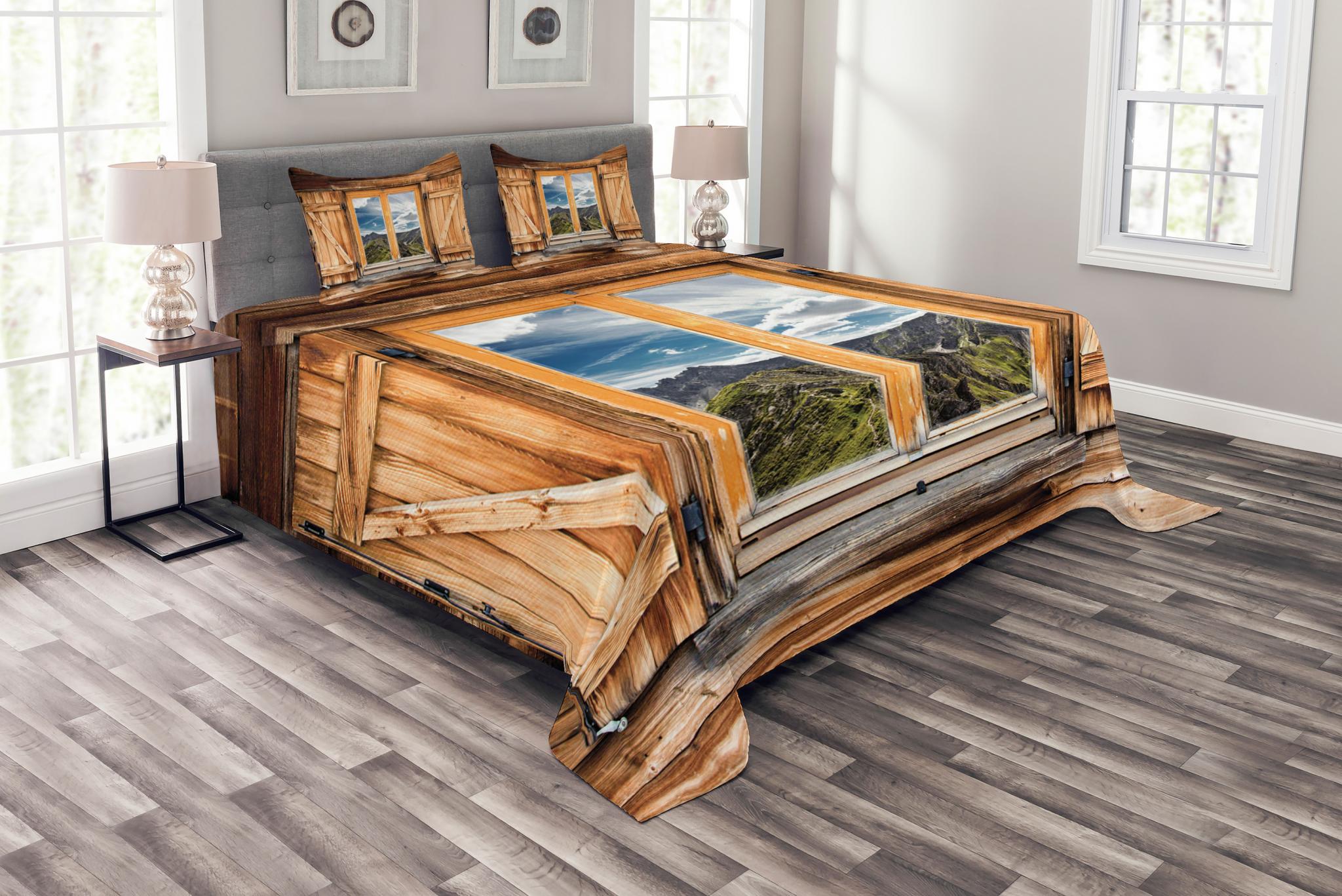 Mountain Bedspread Set, Mountain and Sky View Wooden Shuttered Window